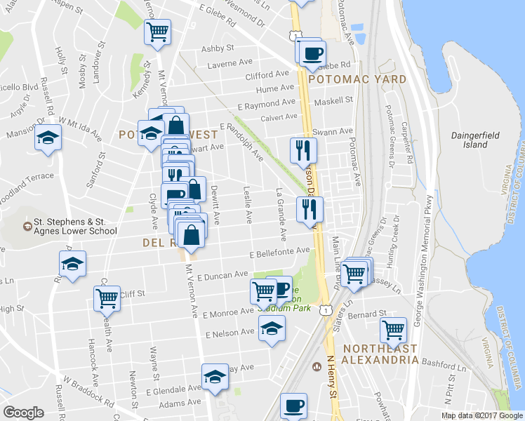 map of restaurants, bars, coffee shops, grocery stores, and more near 409 East Custis Avenue in Alexandria