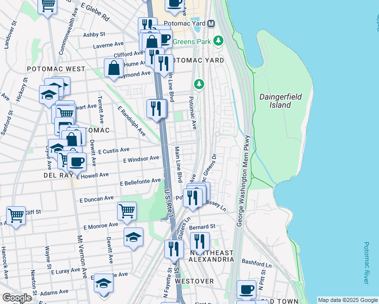 map of restaurants, bars, coffee shops, grocery stores, and more near 724 Diamond Avenue in Alexandria