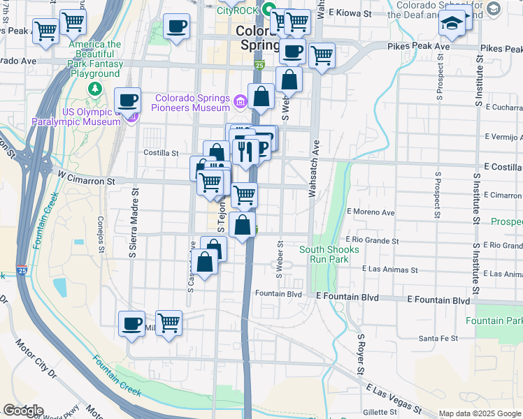 map of restaurants, bars, coffee shops, grocery stores, and more near 509 South Nevada Avenue in Colorado Springs