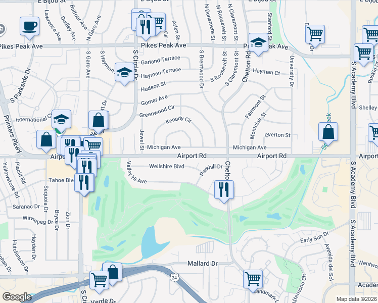 map of restaurants, bars, coffee shops, grocery stores, and more near 3226 Michigan Avenue in Colorado Springs