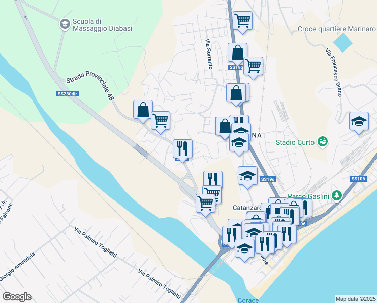 map of restaurants, bars, coffee shops, grocery stores, and more near Via Michele Maria Manfredi in Provincia di Catanzaro