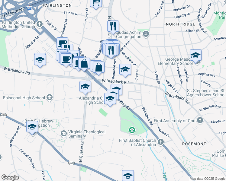 map of restaurants, bars, coffee shops, grocery stores, and more near 2713 Franklin Court in Alexandria