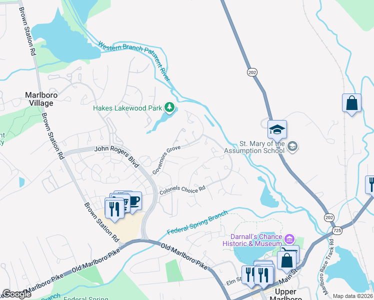 map of restaurants, bars, coffee shops, grocery stores, and more near 14229 Governor Lee Place in Upper Marlboro