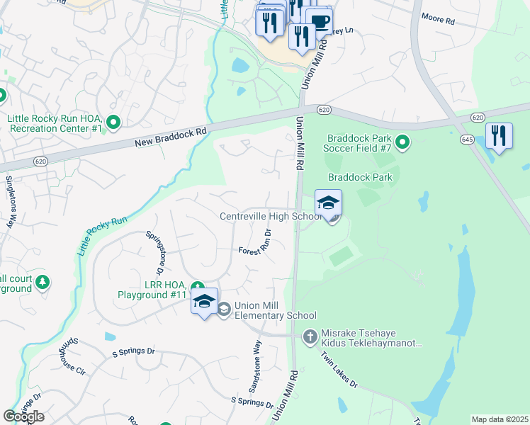 map of restaurants, bars, coffee shops, grocery stores, and more near 6010 Forest Run Drive in Clifton