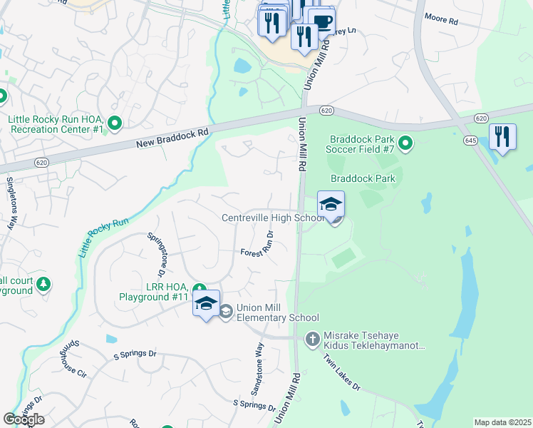 map of restaurants, bars, coffee shops, grocery stores, and more near 6010 Forest Run Drive in Clifton