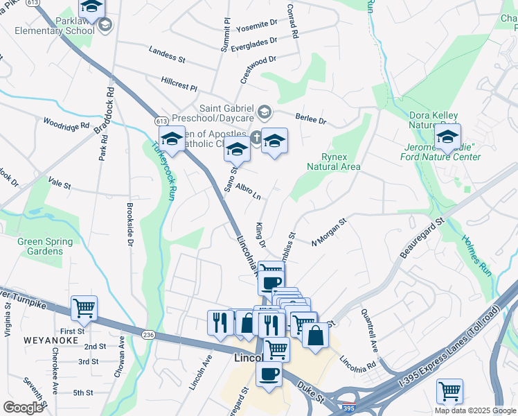 map of restaurants, bars, coffee shops, grocery stores, and more near 4506 Kling Drive in Alexandria