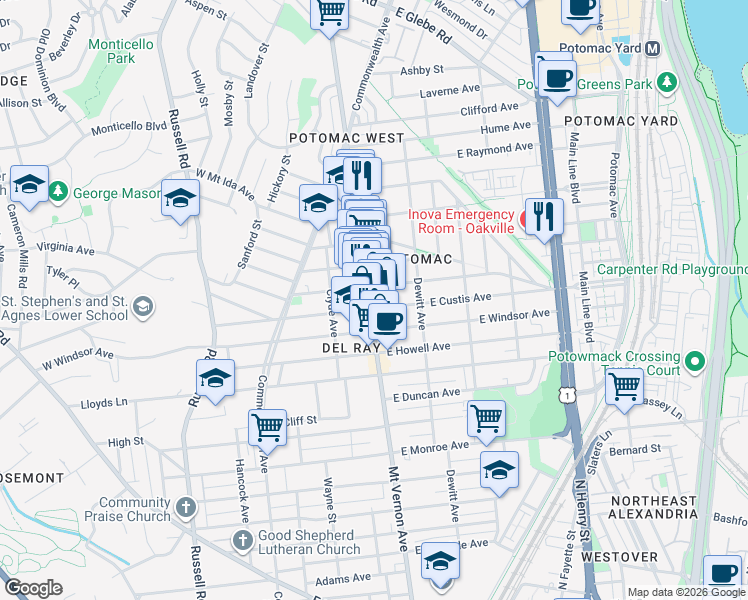 map of restaurants, bars, coffee shops, grocery stores, and more near 2205 Mount Vernon Avenue in Alexandria