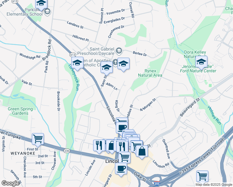 map of restaurants, bars, coffee shops, grocery stores, and more near 4506 Kling Drive in Alexandria
