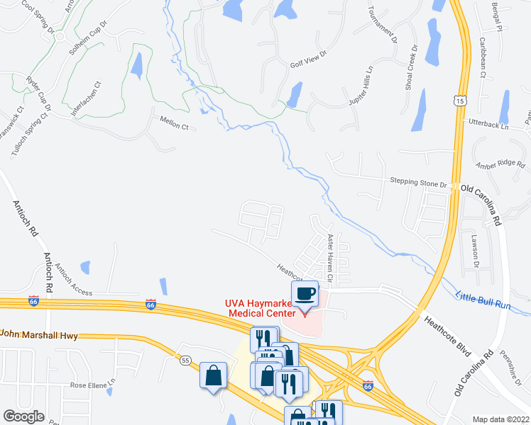 map of restaurants, bars, coffee shops, grocery stores, and more near 15304 Linville Creek Drive in Haymarket