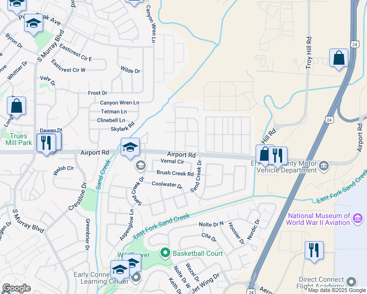 map of restaurants, bars, coffee shops, grocery stores, and more near 408 Kitfield View in Colorado Springs