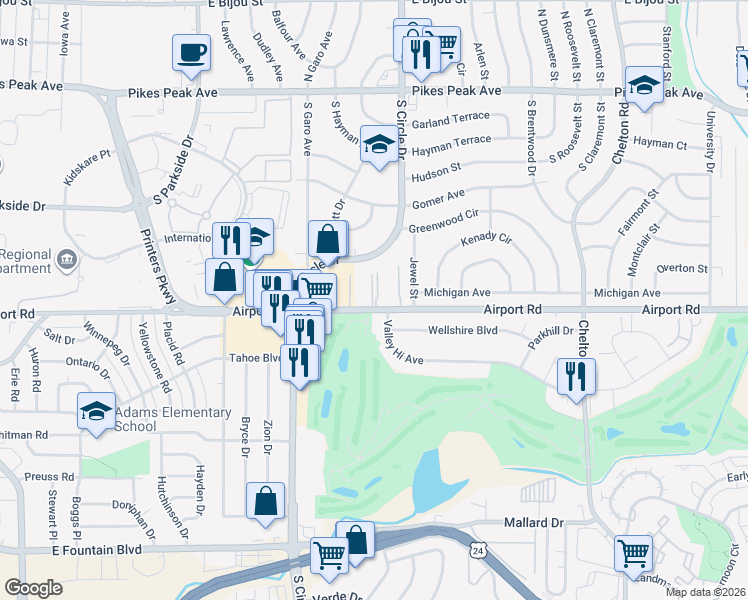 map of restaurants, bars, coffee shops, grocery stores, and more near 2902 Airport Road in Colorado Springs