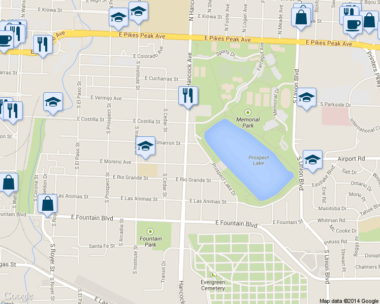 map of restaurants, bars, coffee shops, grocery stores, and more near 1113 East Cimarron Street in Colorado Springs