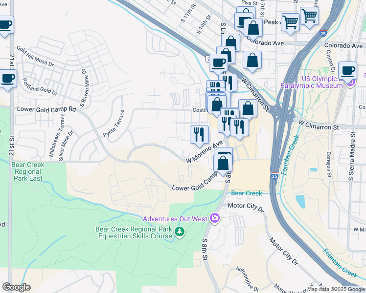 map of restaurants, bars, coffee shops, grocery stores, and more near 525 Communication Circle in Colorado Springs