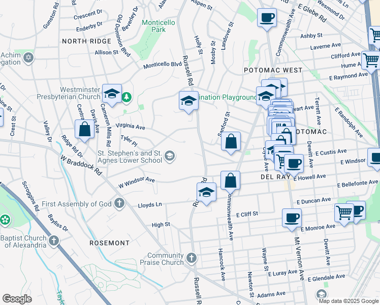 map of restaurants, bars, coffee shops, grocery stores, and more near 2208 Russell Rd in Alexandria