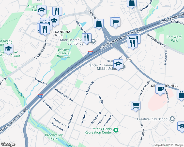 map of restaurants, bars, coffee shops, grocery stores, and more near 5140 Maris Avenue in Alexandria