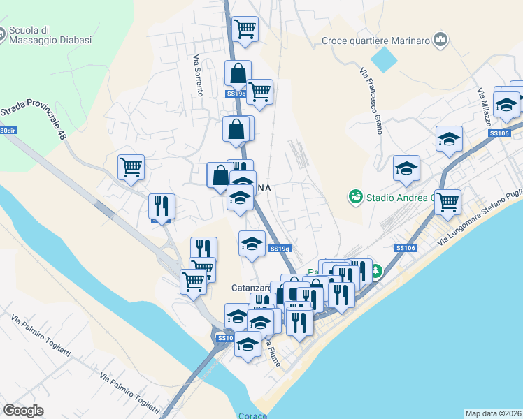 map of restaurants, bars, coffee shops, grocery stores, and more near 65 Via Nazionale in Catanzaro