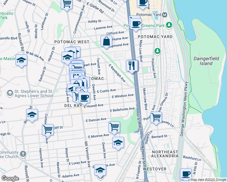 map of restaurants, bars, coffee shops, grocery stores, and more near 409 East Custis Avenue in Alexandria