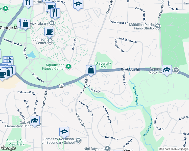map of restaurants, bars, coffee shops, grocery stores, and more near 10255 Braddock Road in Fairfax