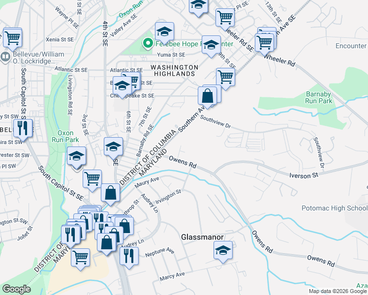 map of restaurants, bars, coffee shops, grocery stores, and more near 4700 Addison Drive in Oxon Hill