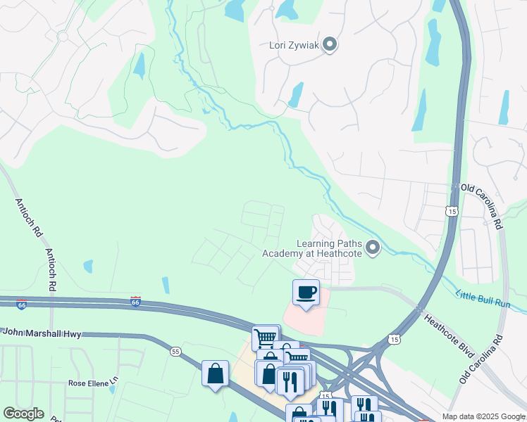 map of restaurants, bars, coffee shops, grocery stores, and more near 15310 Linville Creek Drive in Haymarket