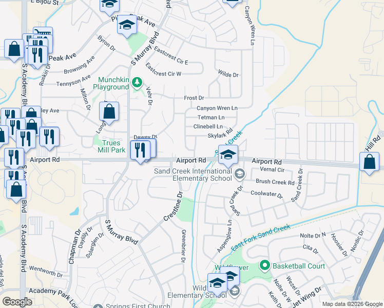 map of restaurants, bars, coffee shops, grocery stores, and more near 4506 Canyon Wren Lane in Colorado Springs