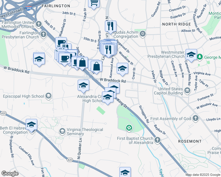 map of restaurants, bars, coffee shops, grocery stores, and more near 2713 Franklin Court in Alexandria