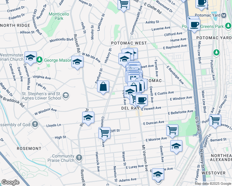 map of restaurants, bars, coffee shops, grocery stores, and more near 9 East Del Ray Avenue in Alexandria