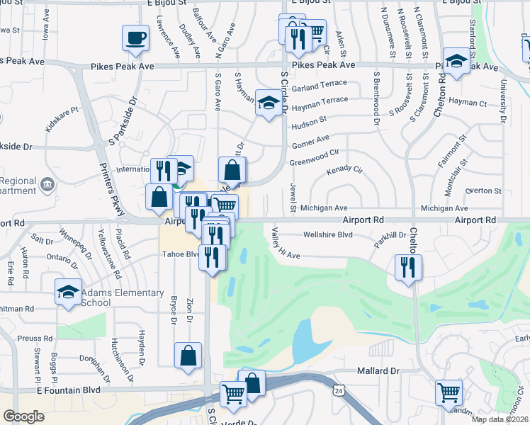 map of restaurants, bars, coffee shops, grocery stores, and more near 2902 Airport Road in Colorado Springs