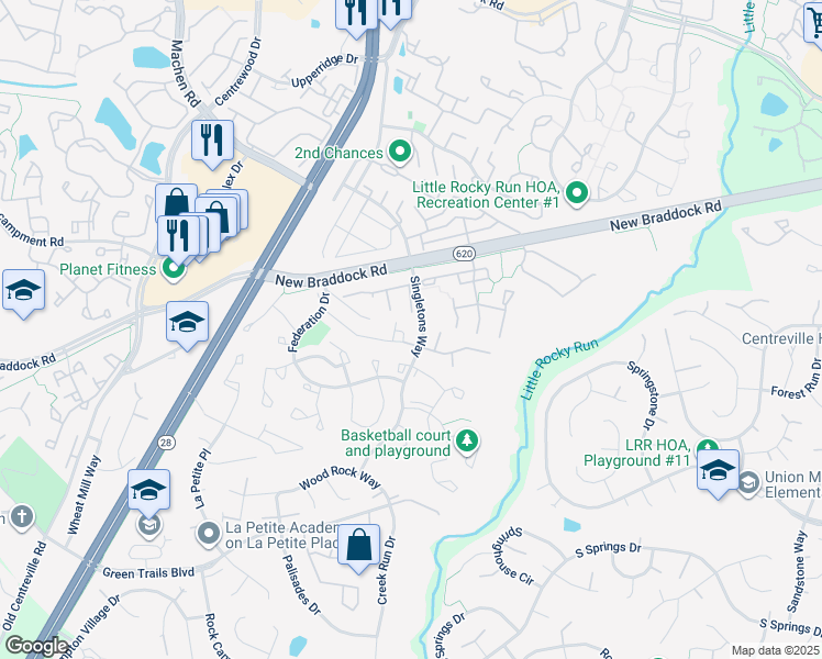 map of restaurants, bars, coffee shops, grocery stores, and more near 14008 Winding Ridge Lane in Centreville