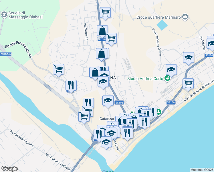 map of restaurants, bars, coffee shops, grocery stores, and more near 314 Via Cattaneo Carlo in Catanzaro