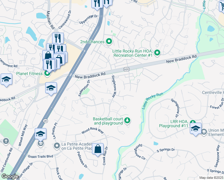 map of restaurants, bars, coffee shops, grocery stores, and more near 14008 Winding Ridge Lane in Centreville