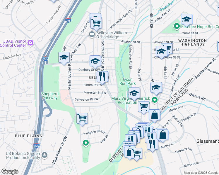 map of restaurants, bars, coffee shops, grocery stores, and more near 1 Elmira Street Southeast in Washington