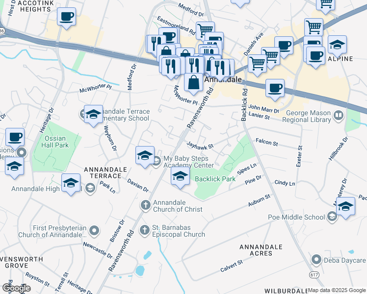 map of restaurants, bars, coffee shops, grocery stores, and more near 4557 Ravensworth Road in Annandale