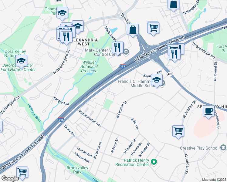 map of restaurants, bars, coffee shops, grocery stores, and more near 1415 North Van Dorn Street in Alexandria