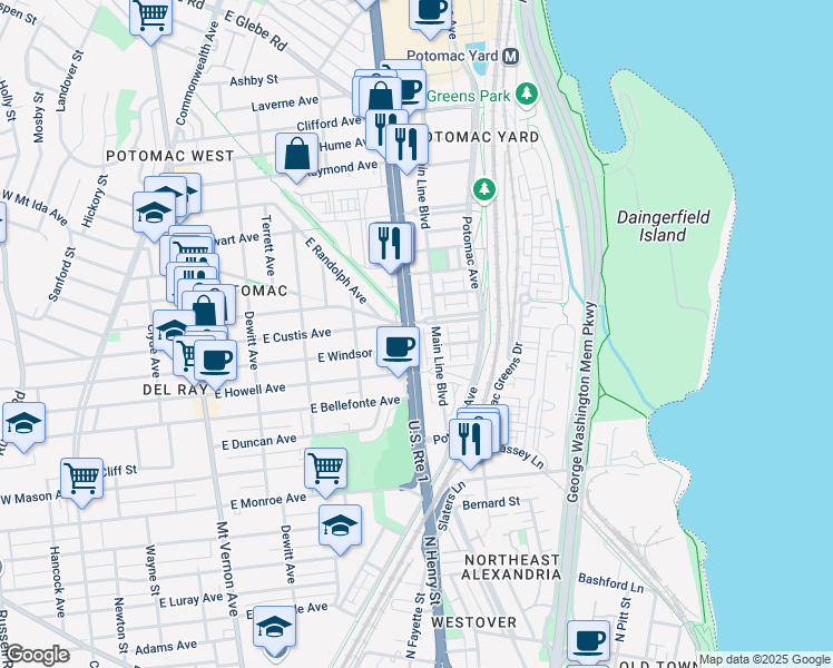 map of restaurants, bars, coffee shops, grocery stores, and more near 101 Independence Avenue Southeast in Washington