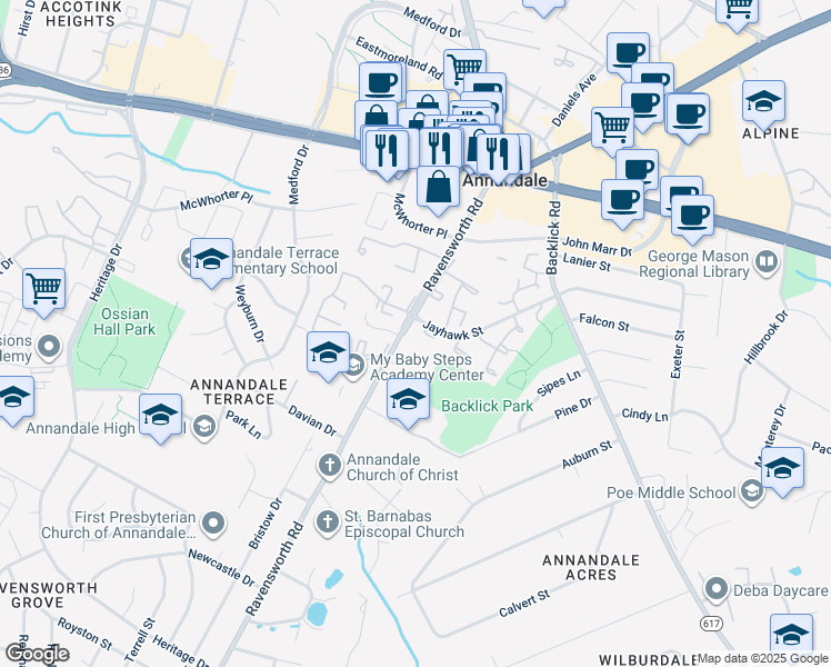 map of restaurants, bars, coffee shops, grocery stores, and more near 4557 Ravensworth Road in Annandale