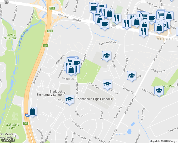 map of restaurants, bars, coffee shops, grocery stores, and more near 7900 Heritage Court in Annandale