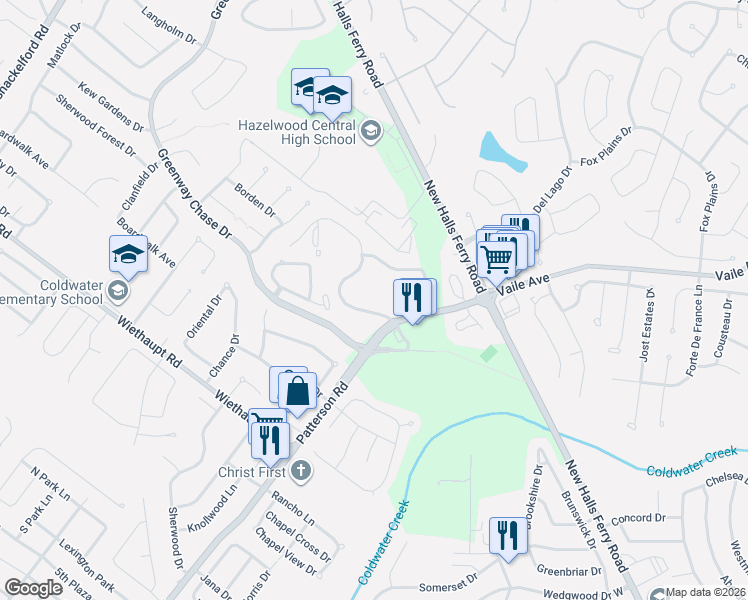 map of restaurants, bars, coffee shops, grocery stores, and more near 629 Greenway Manor Drive in Florissant
