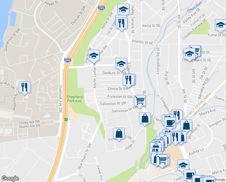map of restaurants, bars, coffee shops, grocery stores, and more near 94 Elmira Street Southwest in Washington