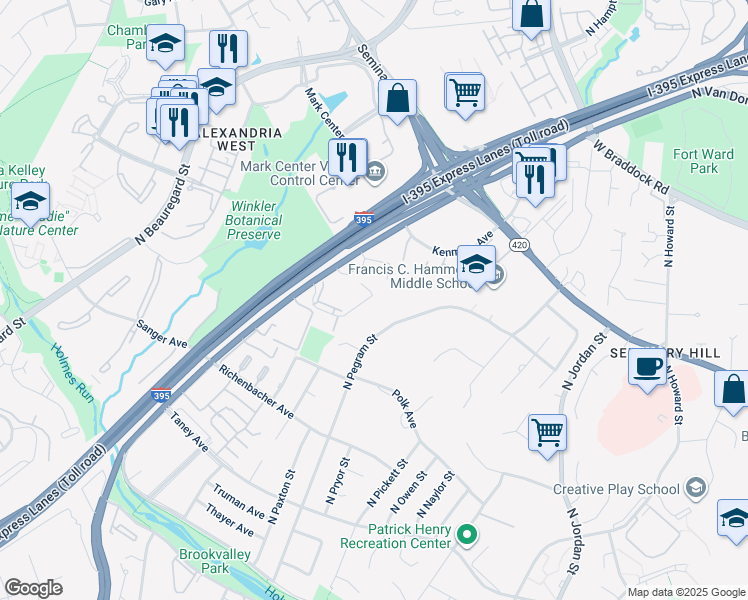 map of restaurants, bars, coffee shops, grocery stores, and more near 5130 Maris Avenue in Alexandria