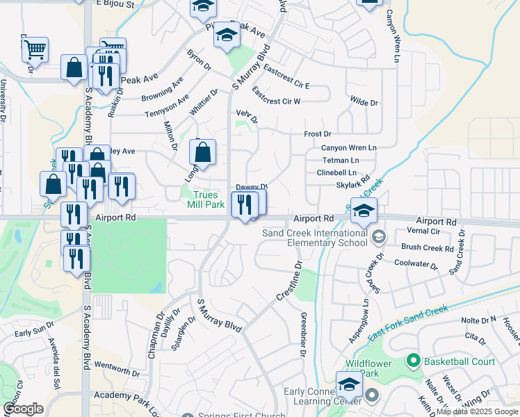 map of restaurants, bars, coffee shops, grocery stores, and more near 340 Gahart Drive in Colorado Springs