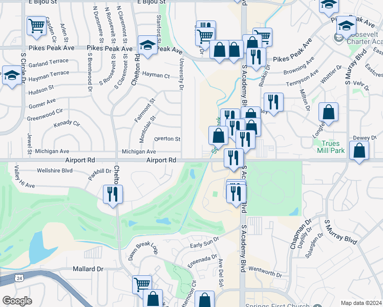 map of restaurants, bars, coffee shops, grocery stores, and more near 309 Audubon Drive in Colorado Springs