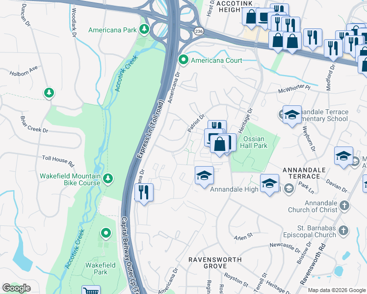 map of restaurants, bars, coffee shops, grocery stores, and more near 7931 Patriot Drive in Annandale