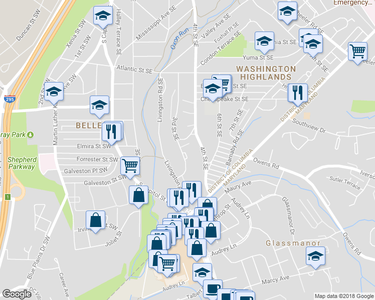 map of restaurants, bars, coffee shops, grocery stores, and more near 4410 3rd Street Southeast in Washington