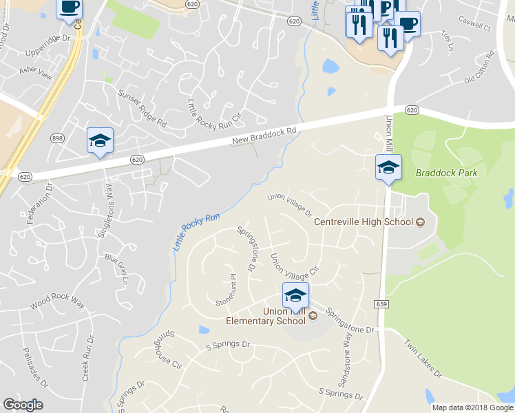 map of restaurants, bars, coffee shops, grocery stores, and more near 13673 Union Village Circle in Clifton