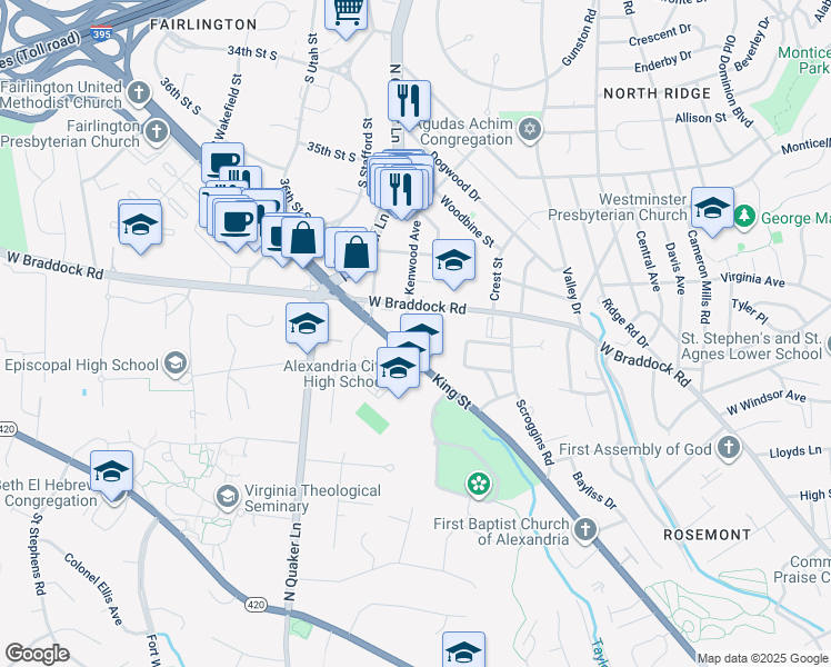map of restaurants, bars, coffee shops, grocery stores, and more near 2707 Franklin Court in Alexandria