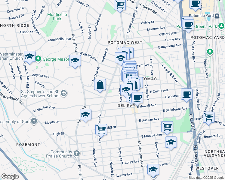 map of restaurants, bars, coffee shops, grocery stores, and more near 9 East Del Ray Avenue in Alexandria