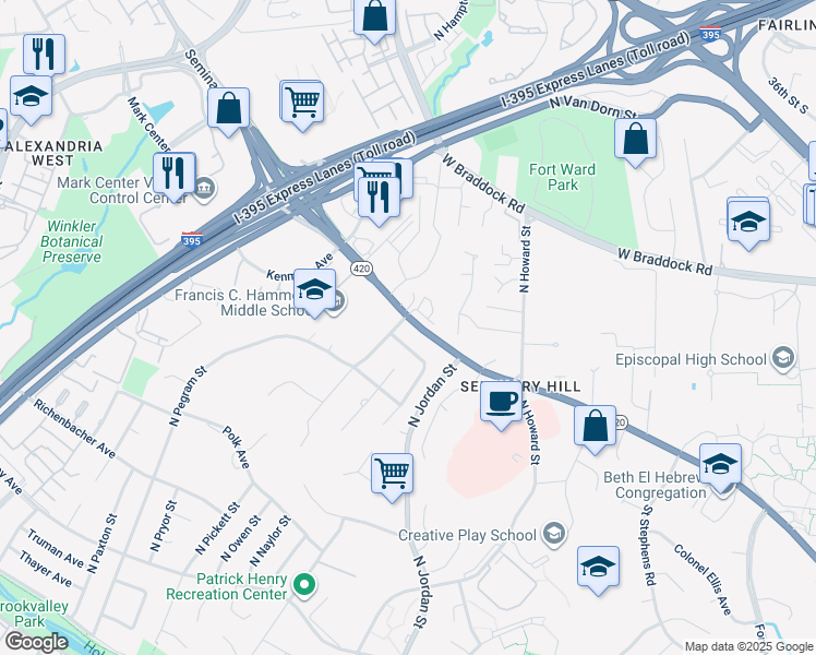 map of restaurants, bars, coffee shops, grocery stores, and more near 4560 Seminary Road in Alexandria