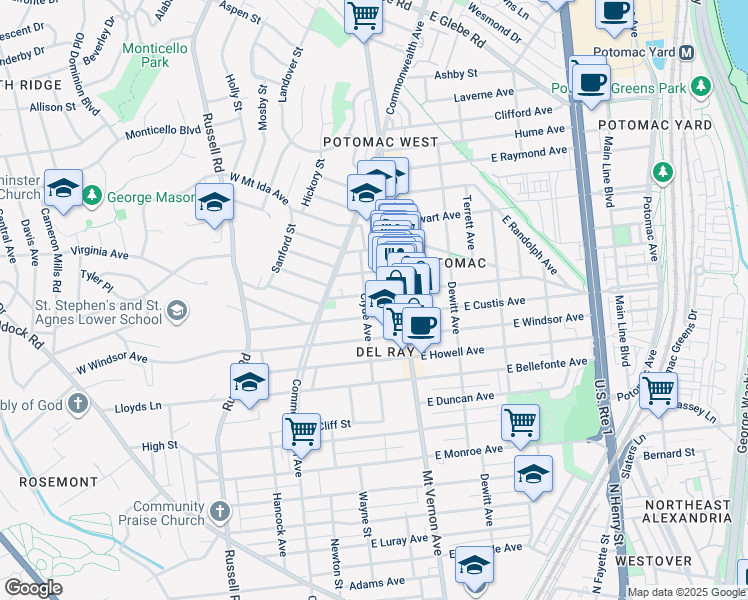 map of restaurants, bars, coffee shops, grocery stores, and more near 103 East Del Ray Avenue in Alexandria