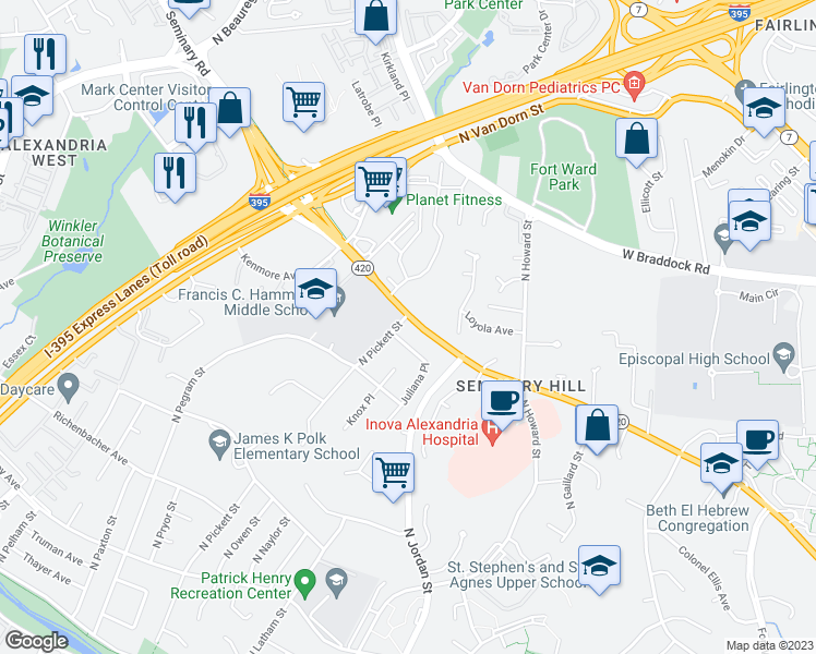 map of restaurants, bars, coffee shops, grocery stores, and more near 4560 Seminary Road in Alexandria